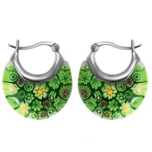 Green Murano Style Glass Hoop Earrings for Women Daisy Flower Stainless Steel